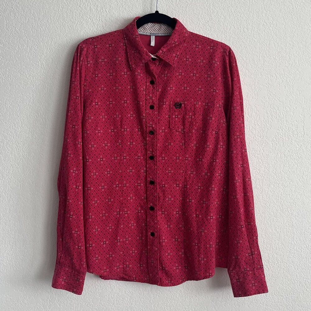 Cinch Women's Button-Down Shirt in Deep Pink with Tiny Geometric Print